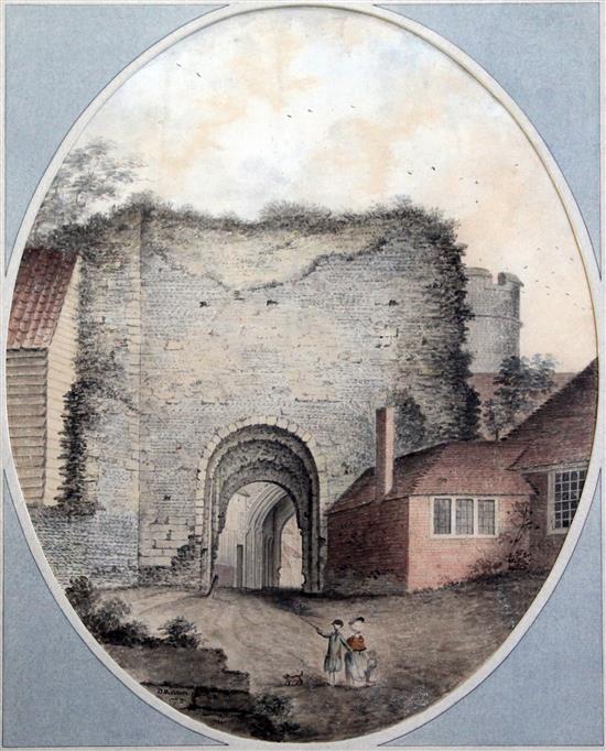 James Lambert Jnr (1741-1799) Lewes Castle gateway from the south, oval, 17 x 14in.